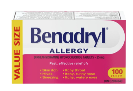 Clearance - Allergies - BENADRYL CPLT 25MG 100 - Damage box - Exp: 03/28