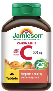 Clearance -Jamieson Chewable Vitamin C 500 mg White Juicy Peach, 45 TB -Exp: 10/26