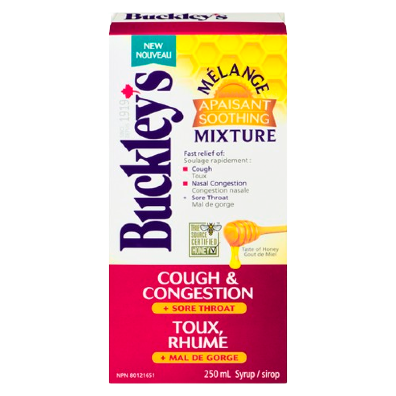Sale -BUCKLEY'S SYR MIX+HONEY 250ML damage box Exp 11-27