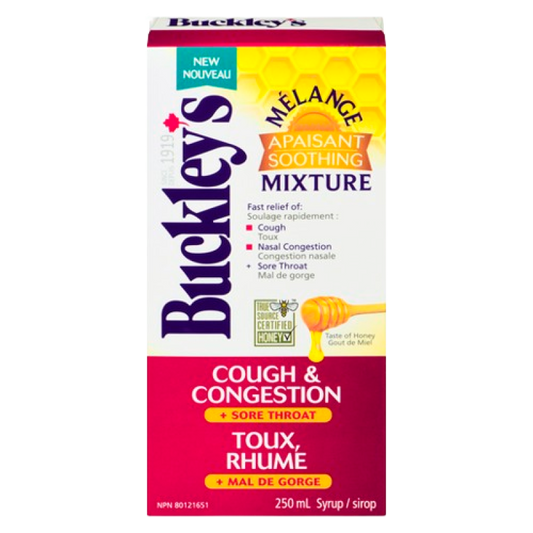 Sale -BUCKLEY'S SYR MIX+HONEY 250ML damage box Exp 11-27